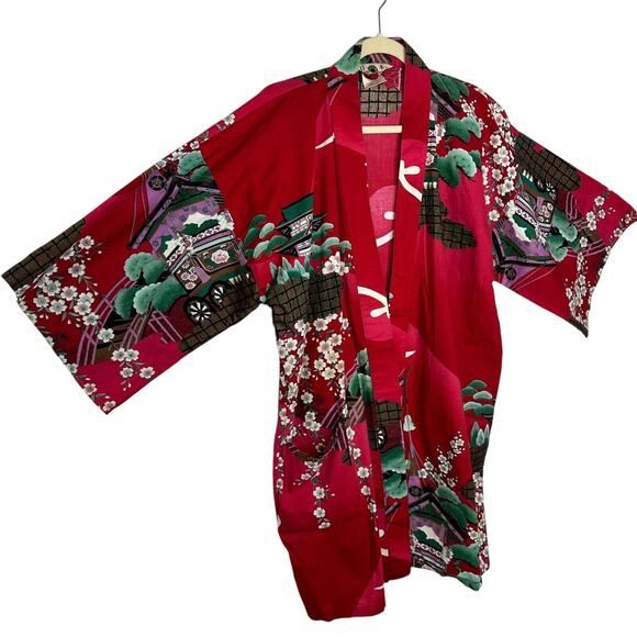 Made In Japan Red Floral Pagoda Multicolor Japanese Kimono and Matching Belt OS - Picture 2 of 15